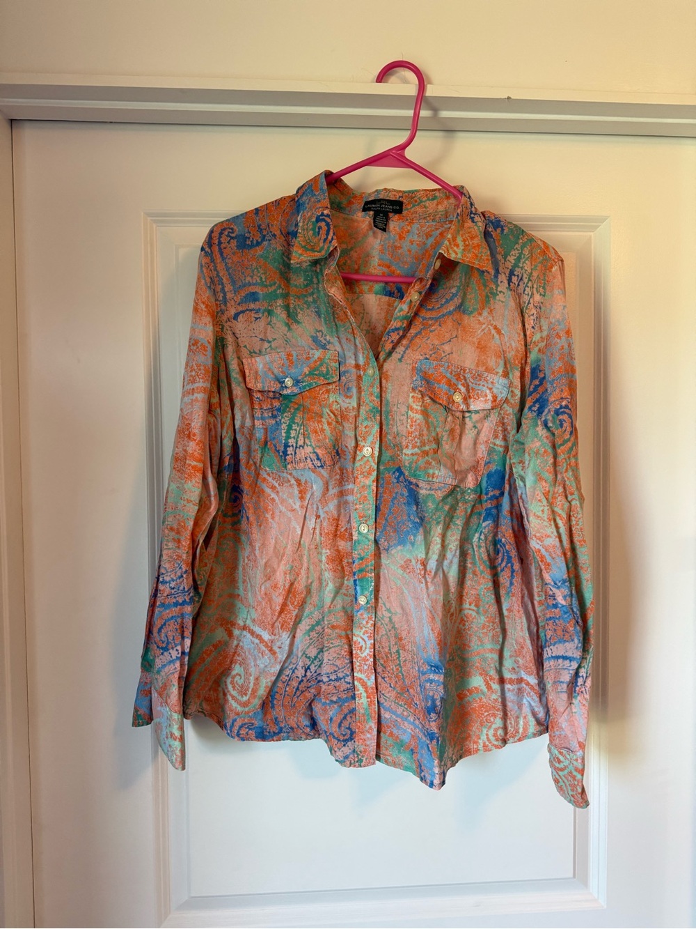 Lauren Ralph Lauren Paisley Button Down Shirt 1X Orange Blue